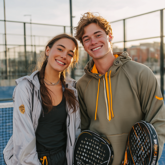 A portrait photo of a young man and woman standing in a padel court before a game.